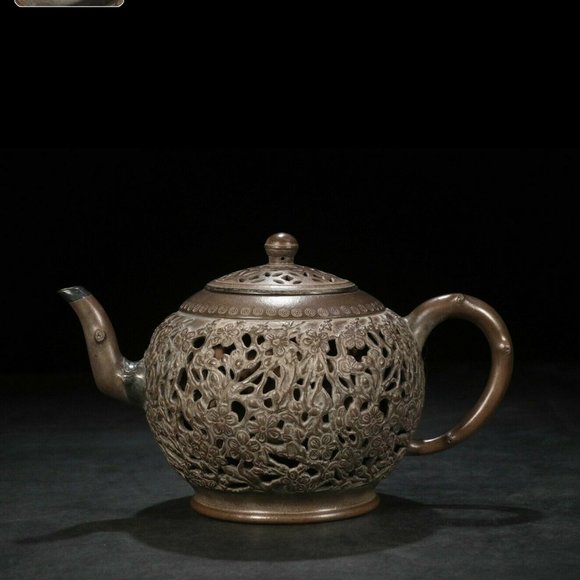 Collectible Zisha Clay TeaPot Hollow Carved out in Plum H14*14.5*23.3cm - Picture 1 of 7